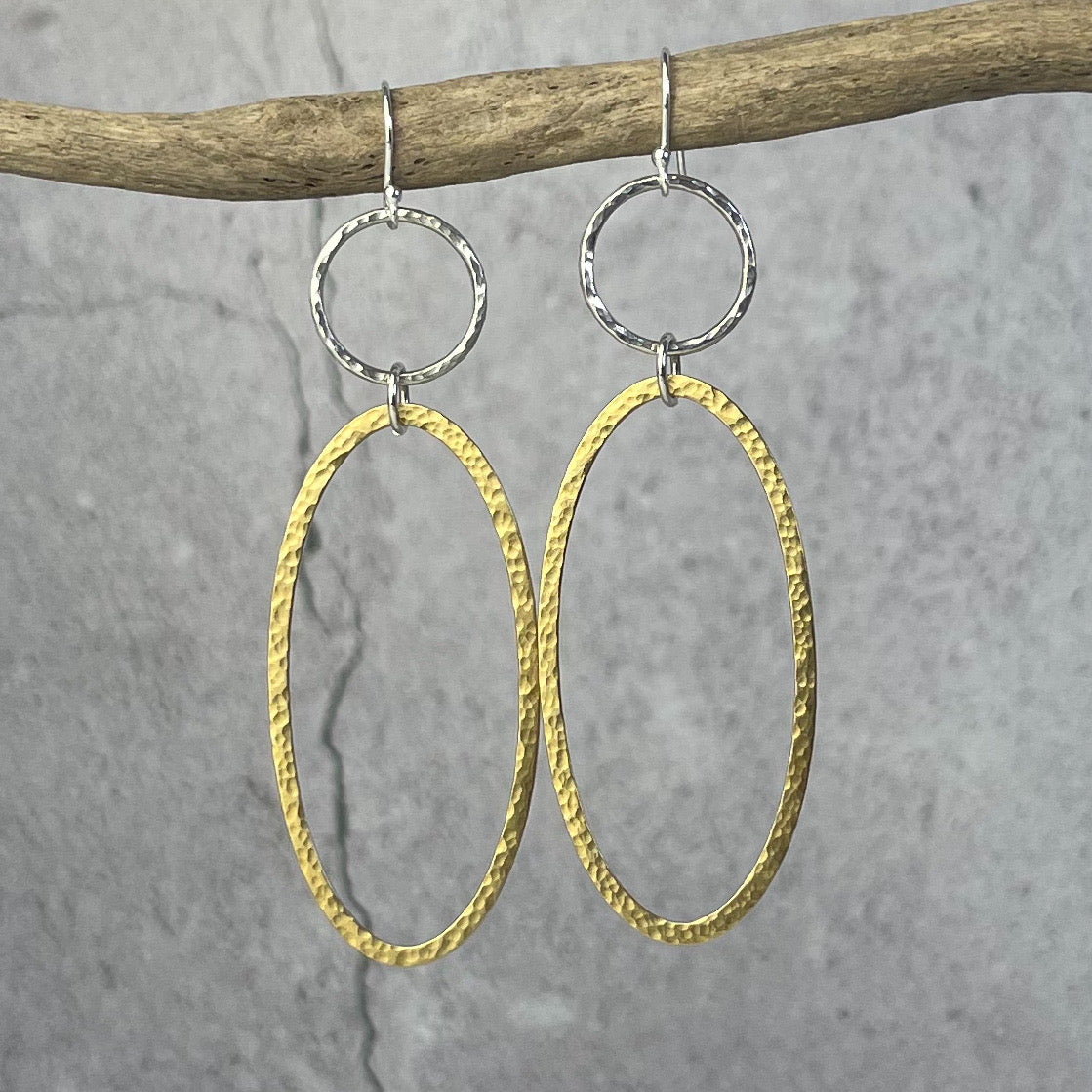 Brass & Silver Oval Hoop Drop Earrings