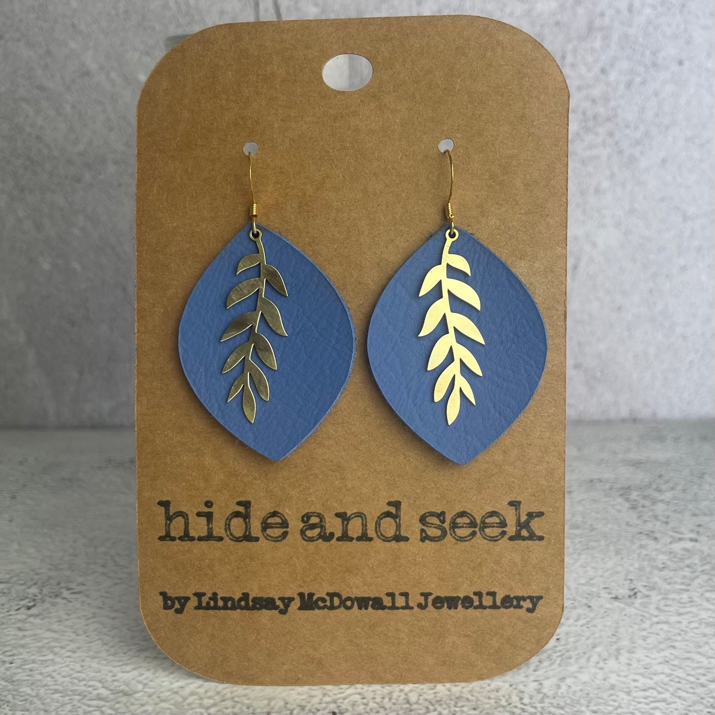 Blue Leather & Brass Leaf Earrings