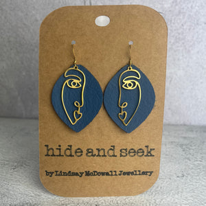 Blue Leather Face Earrings