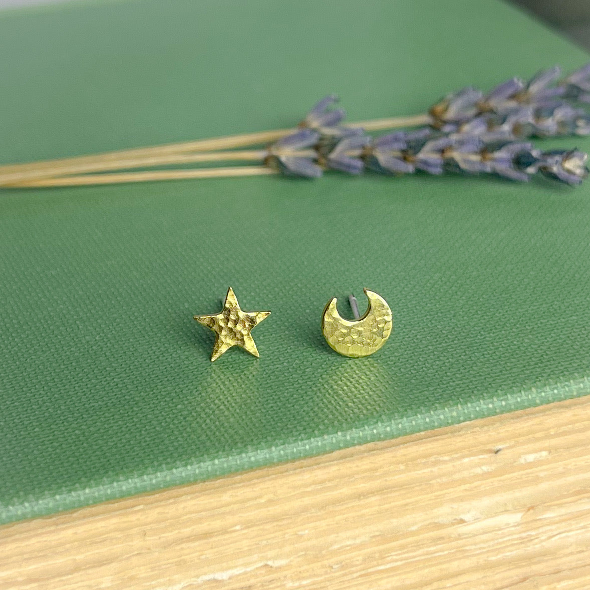Brass Star & Moon Stud Earrings