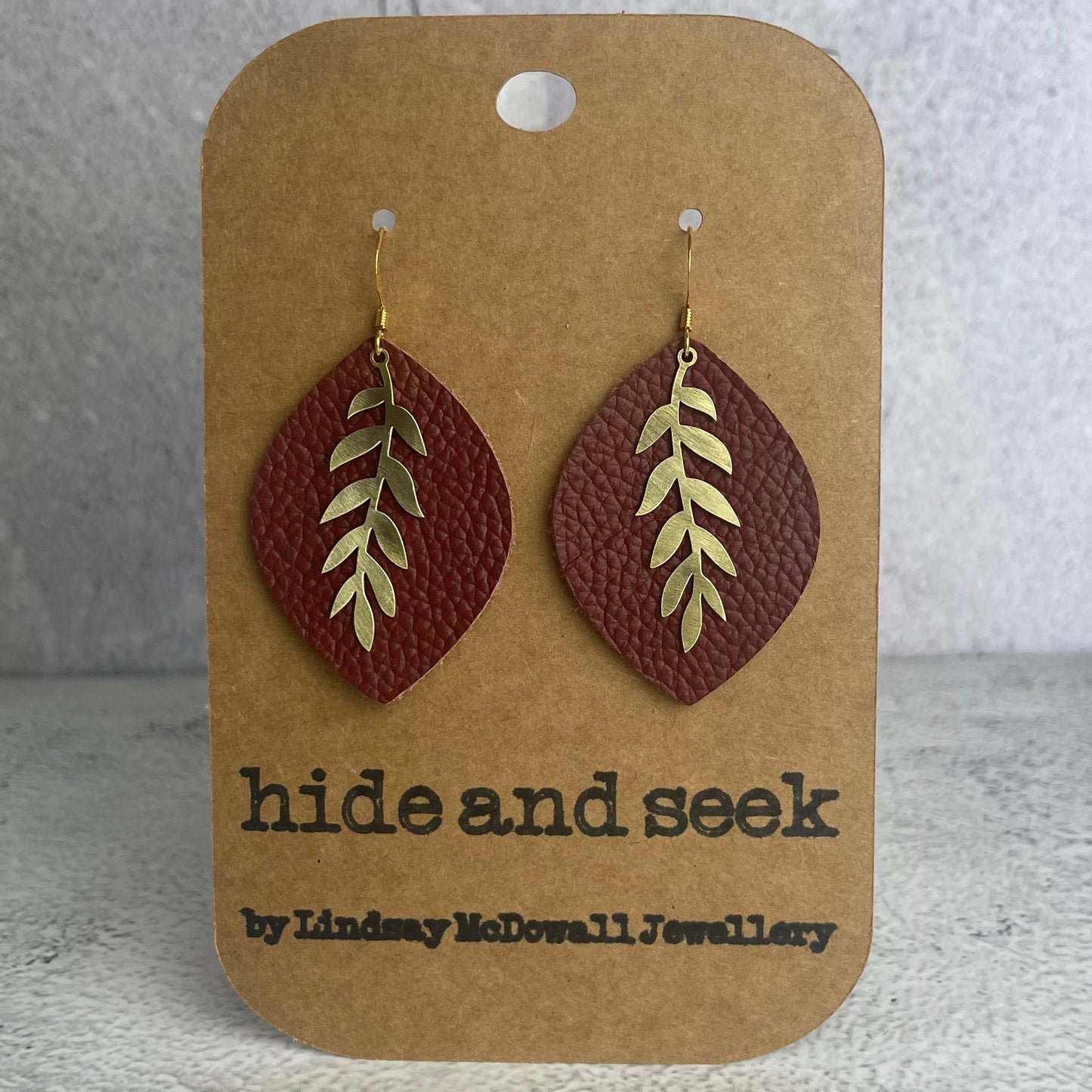 Russet Leather & Brass Leaf Earrings