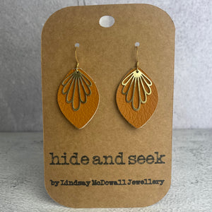 Orange Leather & Brass Loop Earrings