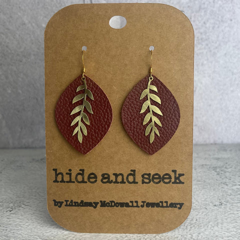 Russet Leather & Brass Leaf Earrings