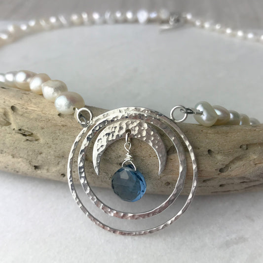 Blue Topaz Crescent Moon Pearl Necklace