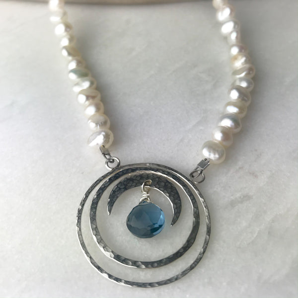 Blue Topaz Crescent Moon Pearl Necklace