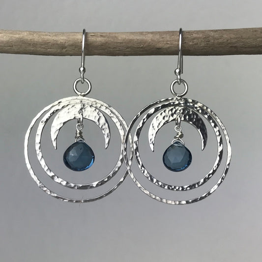 Blue Topaz Crescent Moon Hoops